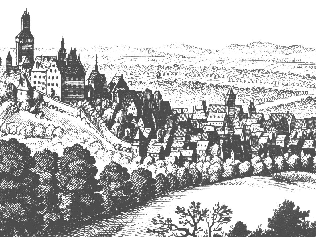 Kronberg von Südwesten: links auf dem Fels die Burg mit dem hohen Bergfried, darunter die ummauerte Stadt mit dichten Giebeldächern und einem Kirchturm, davor Obstbäume und Hänge, im Hintergrund die Kette des Taunus.