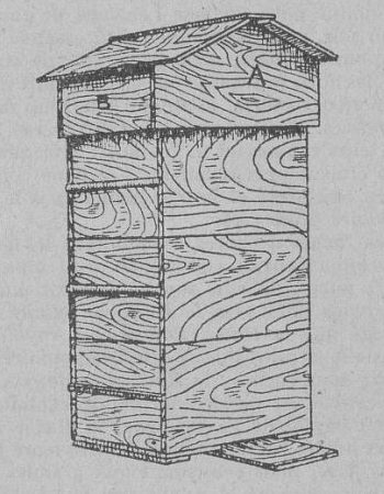 Der Holzschnitt der fertigen Ruche Populaire: drei gleiche Zargen auf dem Boden mit vorspringendem Flugbrett, darüber das Satteldach, Buchstaben A auf dem Dach und am Giebel.