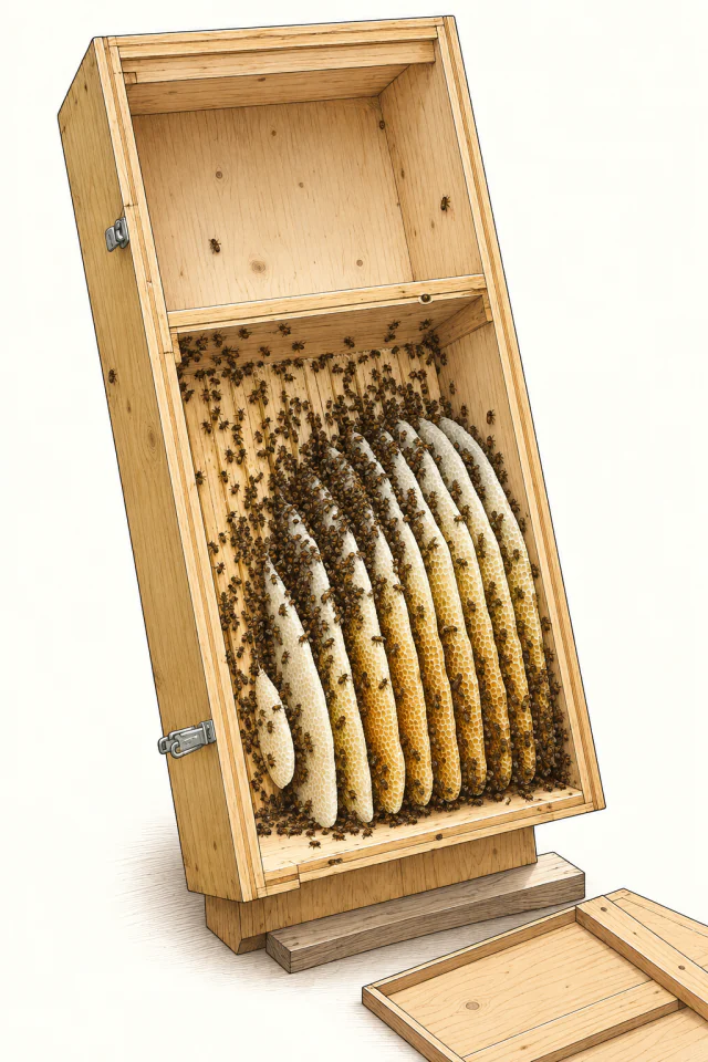 Aufgerichtete Bienenkiste mit abgenommenem Boden, Bienen auf den festen Waben und leerem hinterem Honigbereich.