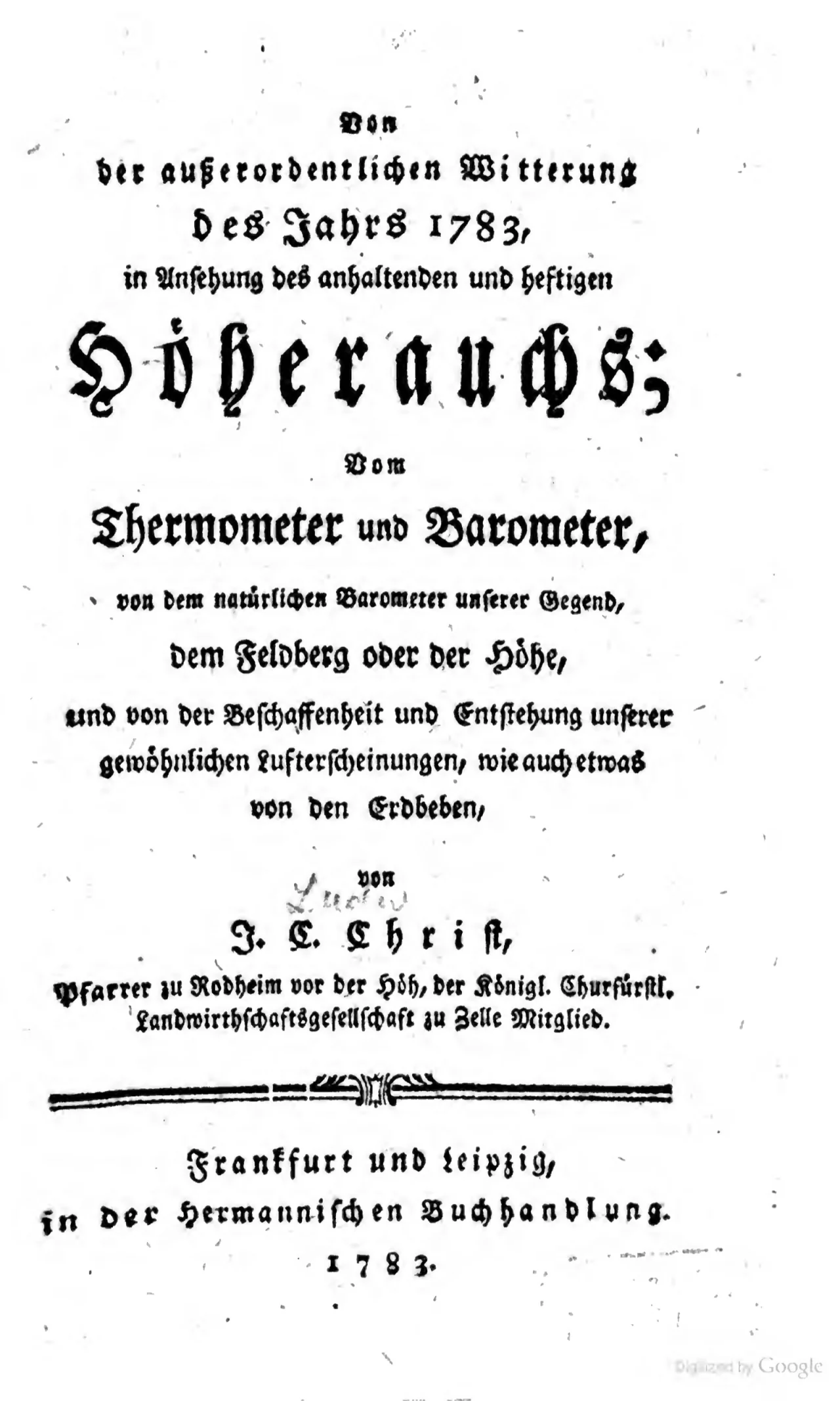Das Titelblatt der Schrift von 1783, Fraktur in acht Graden.