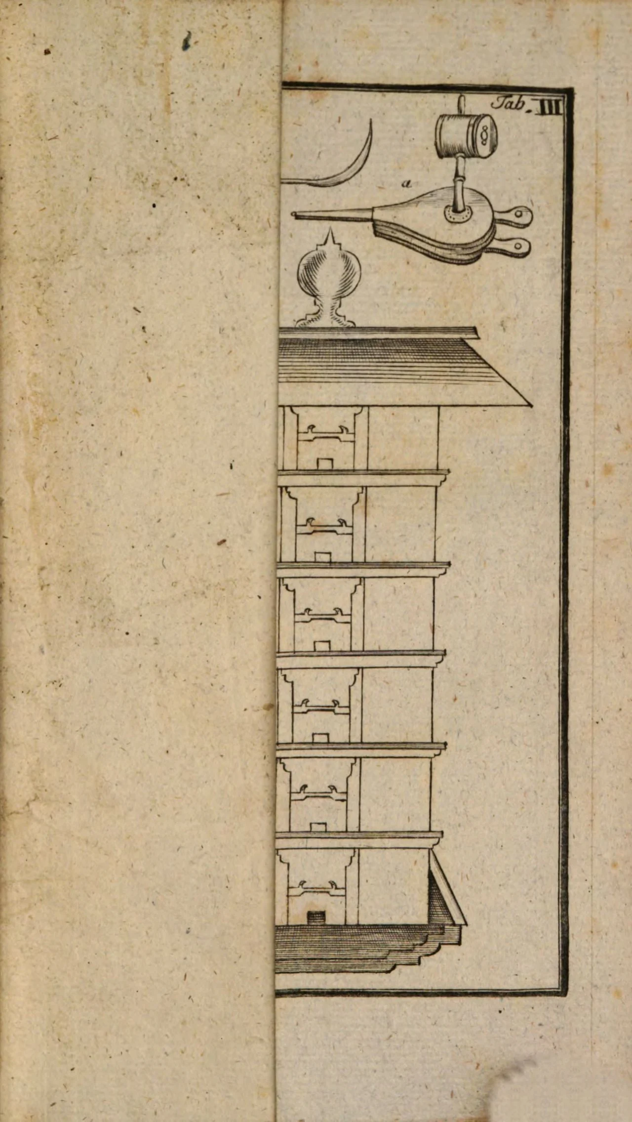 Tafel III: zusammengesetzter Magazinstock aus sechs Aufsätzen mit eigenem Dach für den frei stehenden Stand, im Schnitt gezeichnet, darunter das Flugbrett; oben Lit.