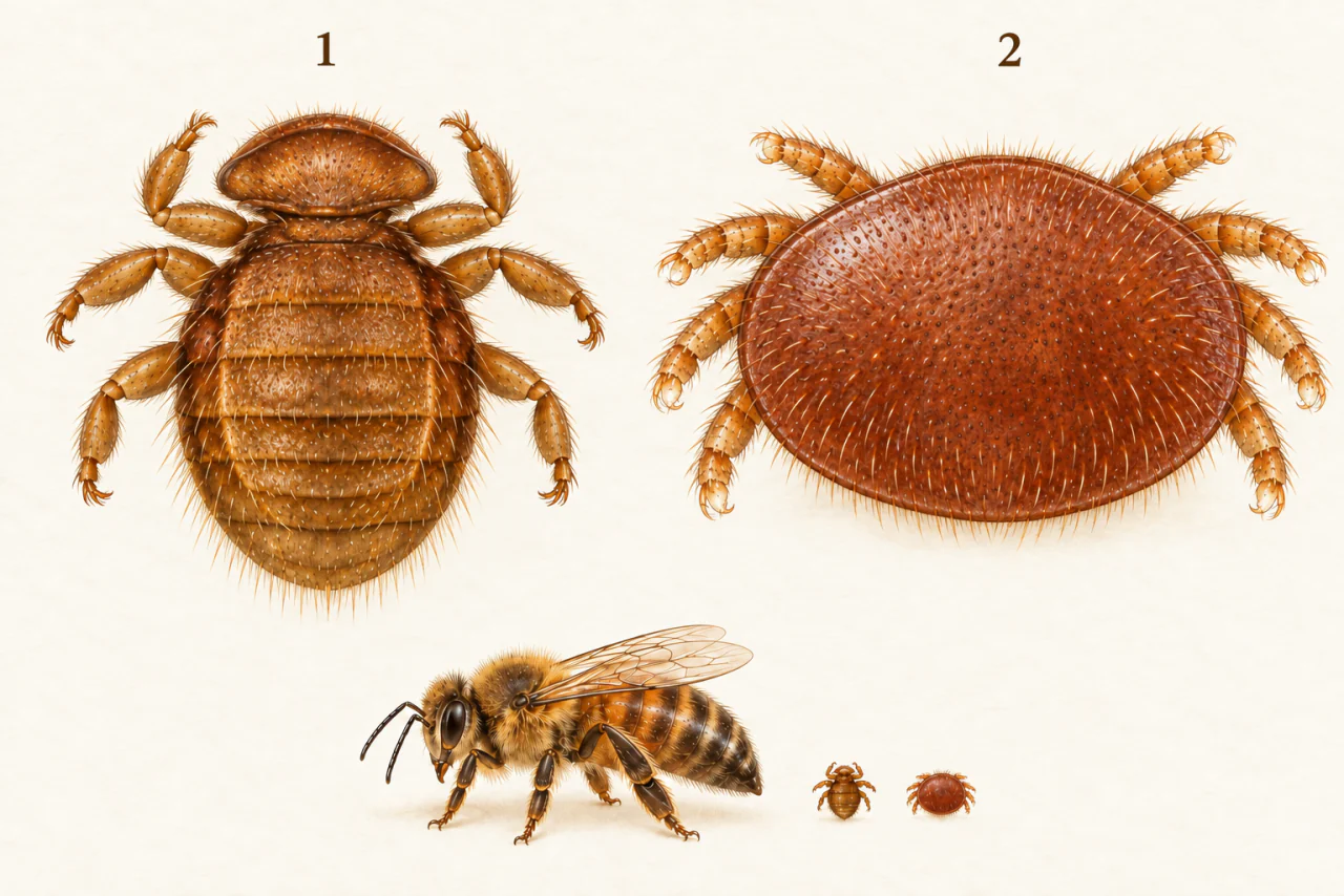 Zwei Makrozeichnungen in Aufsicht: links eine gegliederte Bienenlaus mit sechs Beinen, rechts eine breite, flache Varroamilbe mit acht Beinen. Darunter stehen eine kleine Arbeiterin und beide Tiere als ungefährer Größenvergleich.