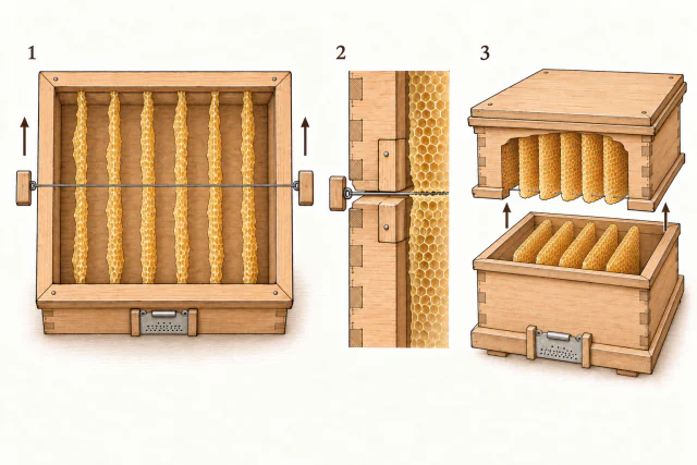 Drei Ansichten zeigen den quer gespannten Draht mit zwei Holzgriffen, die horizontale Trennfuge zwischen zwei Kästen und den angehobenen oberen Honigkasten. Pfeile markieren den Zug nach hinten entlang der Waben und das anschließende Abheben.