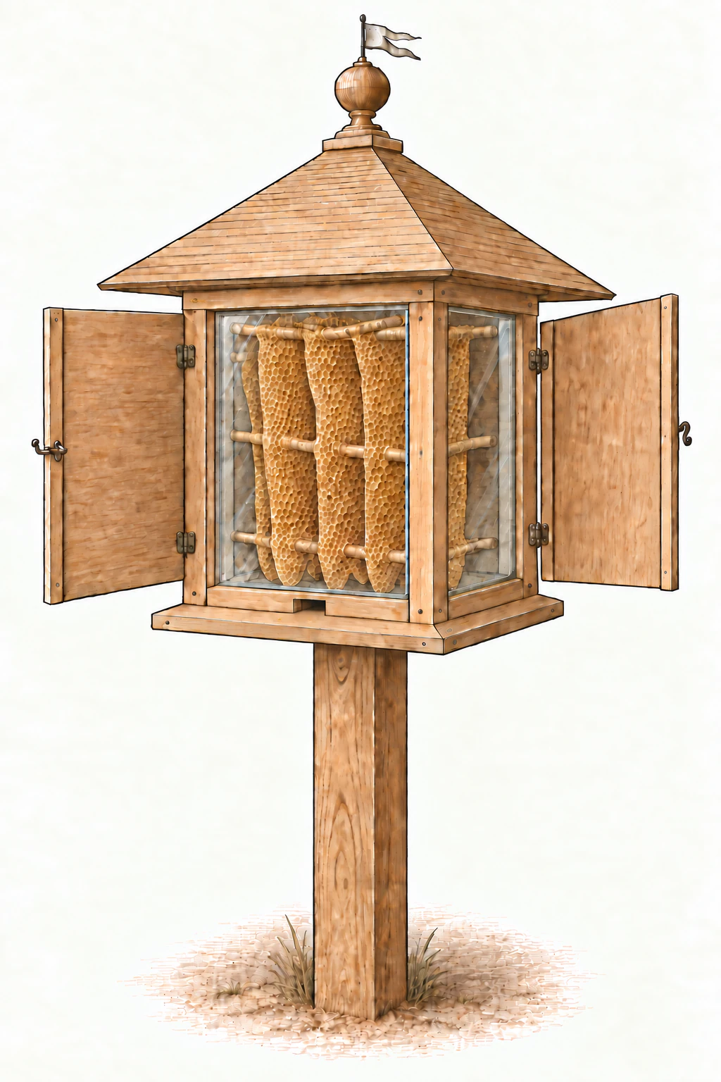 Gläserne Beobachtungsbeute auf einem Holzpfosten, mit geöffneten Holzläden und großem Dach. Lange Naturwaben ziehen sich durch den gemeinsamen Innenraum an drei Ebenen fester Kreuzhölzer vorbei.