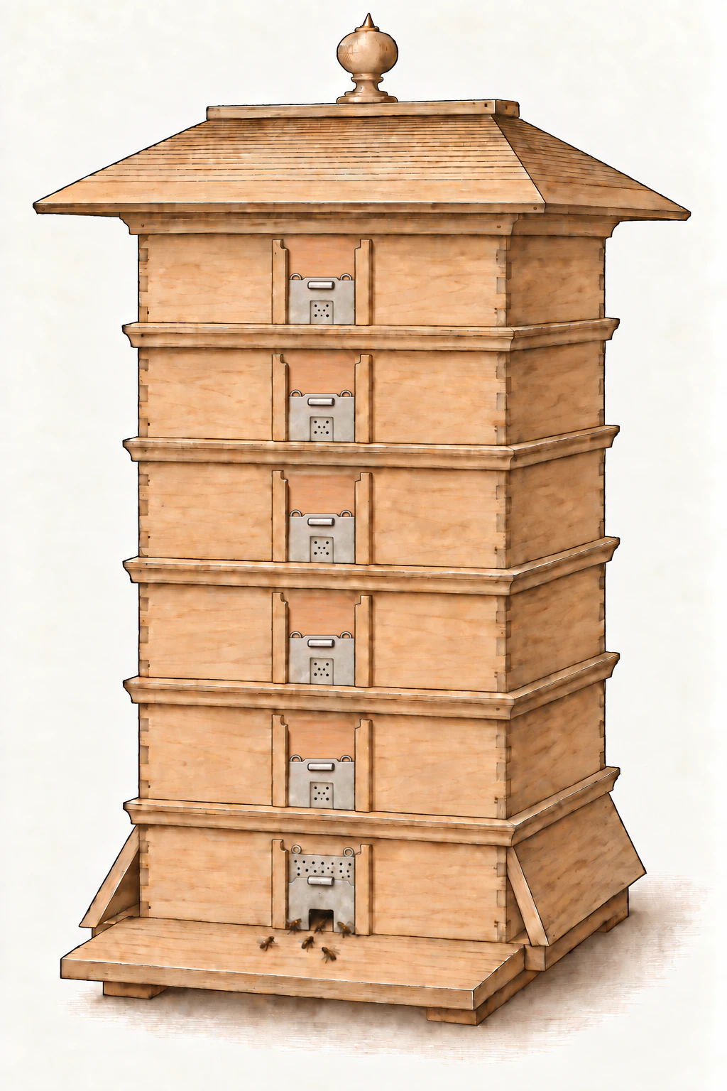 Schmale Holzbeute mit sechs flachen Aufsätzen, breitem Dach und Bodenbrett. Blechschieber verschließen die oberen Fluglöcher; Bienen fliegen am untersten ein.