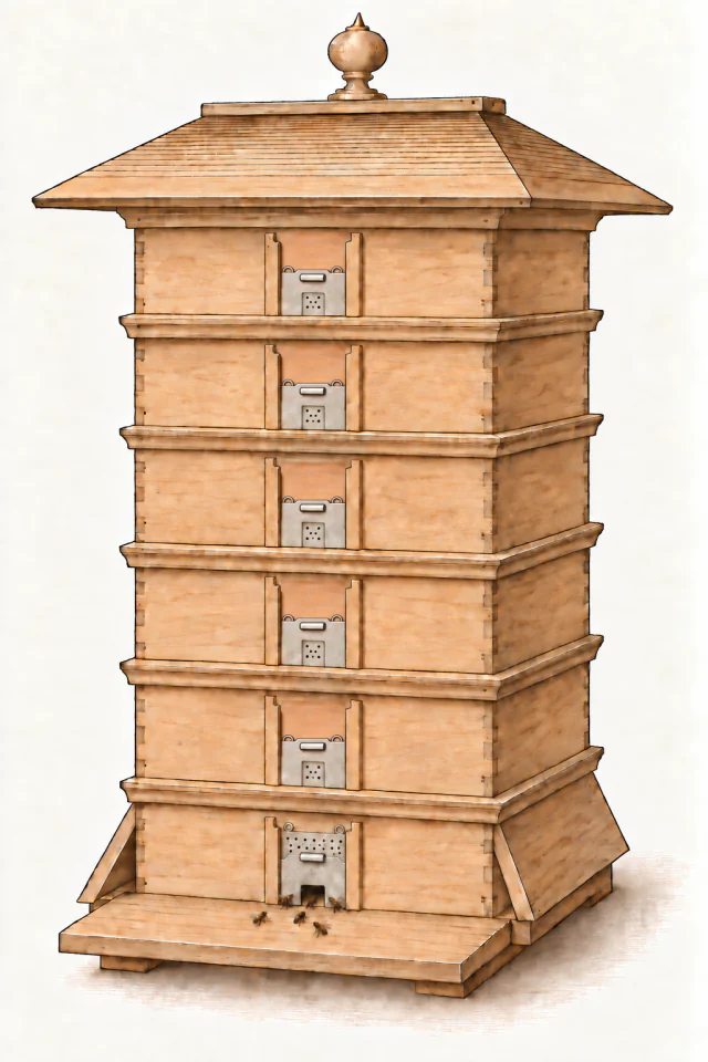 Schmale Holzbeute mit sechs flachen Aufsätzen, breitem Dach und Bodenbrett. Blechschieber verschließen die oberen Fluglöcher; Bienen fliegen am untersten ein.