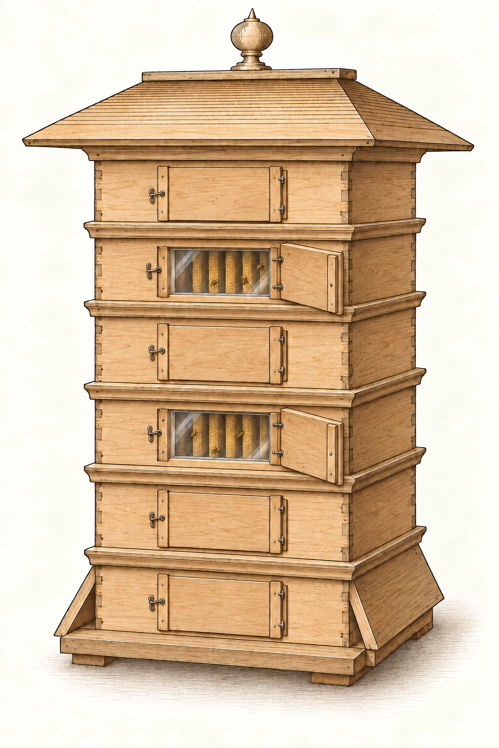 Rückseite einer Holzbeute mit sechs Aufsätzen. Vier Holzläden sind geschlossen, zwei seitlich geöffnet. Die Glasscheiben bleiben eingesetzt; dahinter sind Waben und Bienen sichtbar.