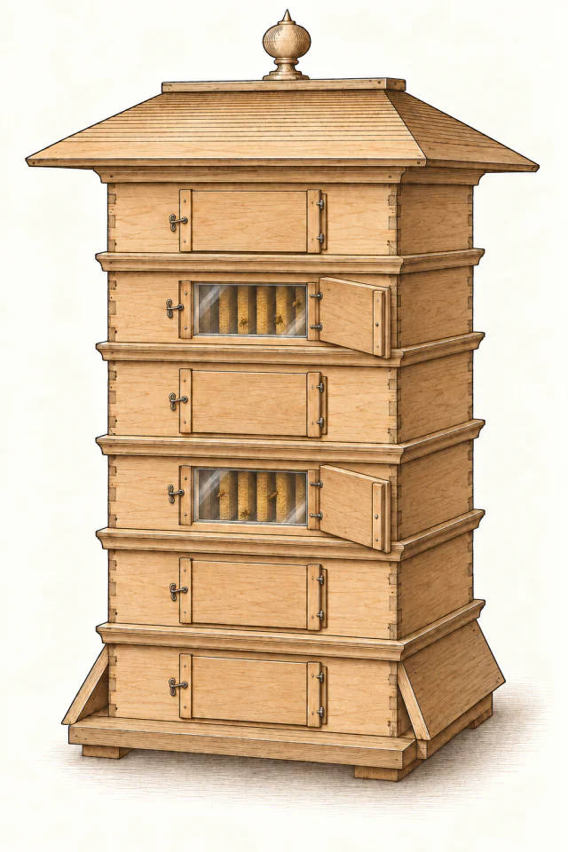 Rückseite einer Holzbeute mit sechs Aufsätzen. Vier Holzläden sind geschlossen, zwei seitlich geöffnet. Die Glasscheiben bleiben eingesetzt; dahinter sind Waben und Bienen sichtbar.