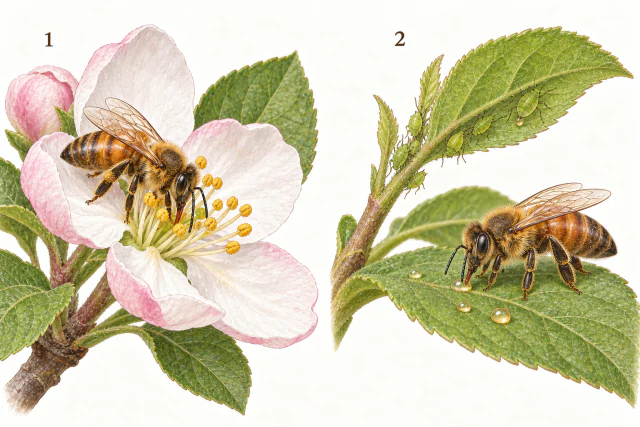Zwei botanische Nahansichten: Links saugt eine Honigbiene am Grund einer Blüte. Rechts sitzen kleine Blattläuse über einem Blatt, von dem eine Biene ausgeschiedene Honigtautröpfchen aufnimmt.