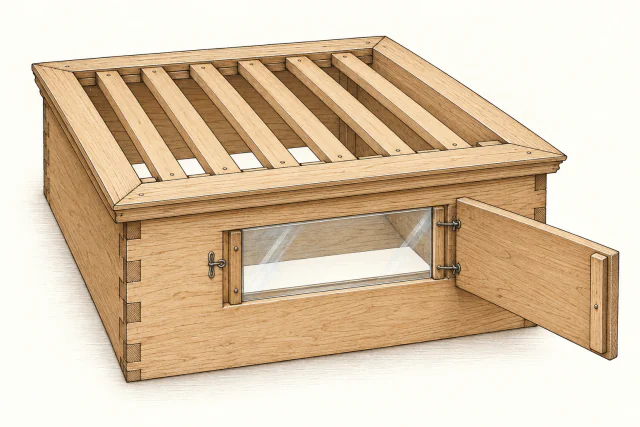 Leerer, flacher Holzkasten von oben und hinten. Sechs feste Leisten überspannen den offenen Innenraum; hinter dem seitlich aufgeklappten Fensterladen bleibt die Glasscheibe eingesetzt.
