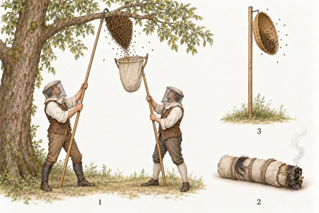Links fangen zwei Männer mit getrennten langen Stangen einen Schwarm vom Baum: Einer greift mit dem Haken um den Ast, der andere hält den nach oben offenen Fangsack in einer Gabel darunter. Rechts hängen Bienen in einer ovalen Flechtwanne an einem Nagel der Stange. Ein vergrößertes Detail zeigt eine rauchende Stofflunte mit dunklen Haaren.