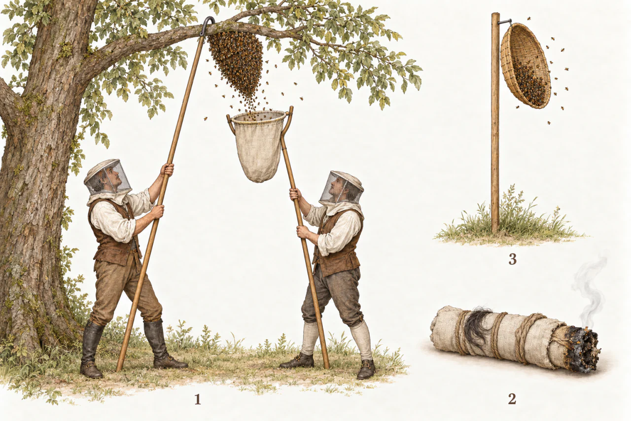 Links fangen zwei Männer mit getrennten langen Stangen einen Schwarm vom Baum: Einer greift mit dem Haken um den Ast, der andere hält den nach oben offenen Fangsack in einer Gabel darunter. Rechts hängen Bienen in einer ovalen Flechtwanne an einem Nagel der Stange. Ein vergrößertes Detail zeigt eine rauchende Stofflunte mit dunklen Haaren.