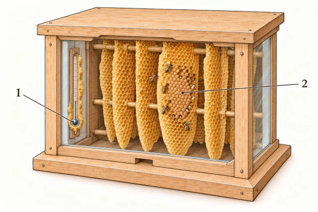 Schematischer Schnitt einer Beobachtungsbeute: Ein Thermometer mit Wachsanbau sitzt innen an der Wand bei 1; 2 weist auf Brutwaben weiter im Inneren.