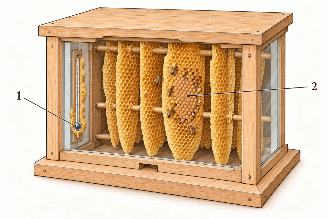Schematischer Schnitt einer Beobachtungsbeute: Ein Thermometer mit Wachsanbau sitzt innen an der Wand bei 1; 2 weist auf Brutwaben weiter im Inneren.