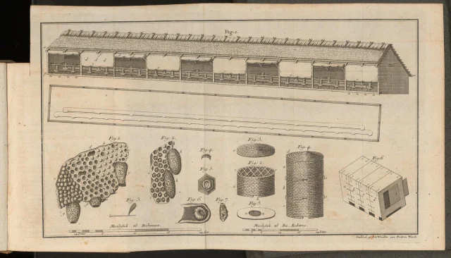 Die einzige Kupfertafel des Bandes, zwei Platten auf einem Blatt: oben das Bienenhaus Jægerspriis in Aufriß und Grundriß, unten links die Waben- und Brutfiguren, unten rechts die Beuten — Fig.