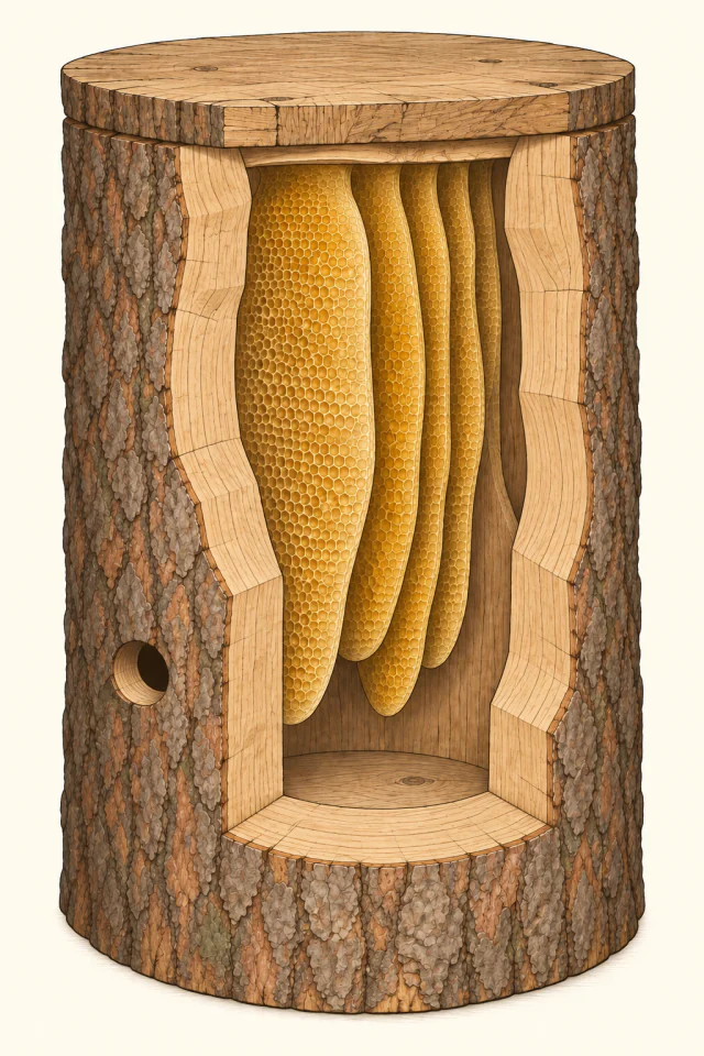 Stehende Klotzbeute im Schnitt: breite Schnittflächen zeigen die massive Holzwand um den Hohlraum mit senkrecht hängenden Naturwaben.