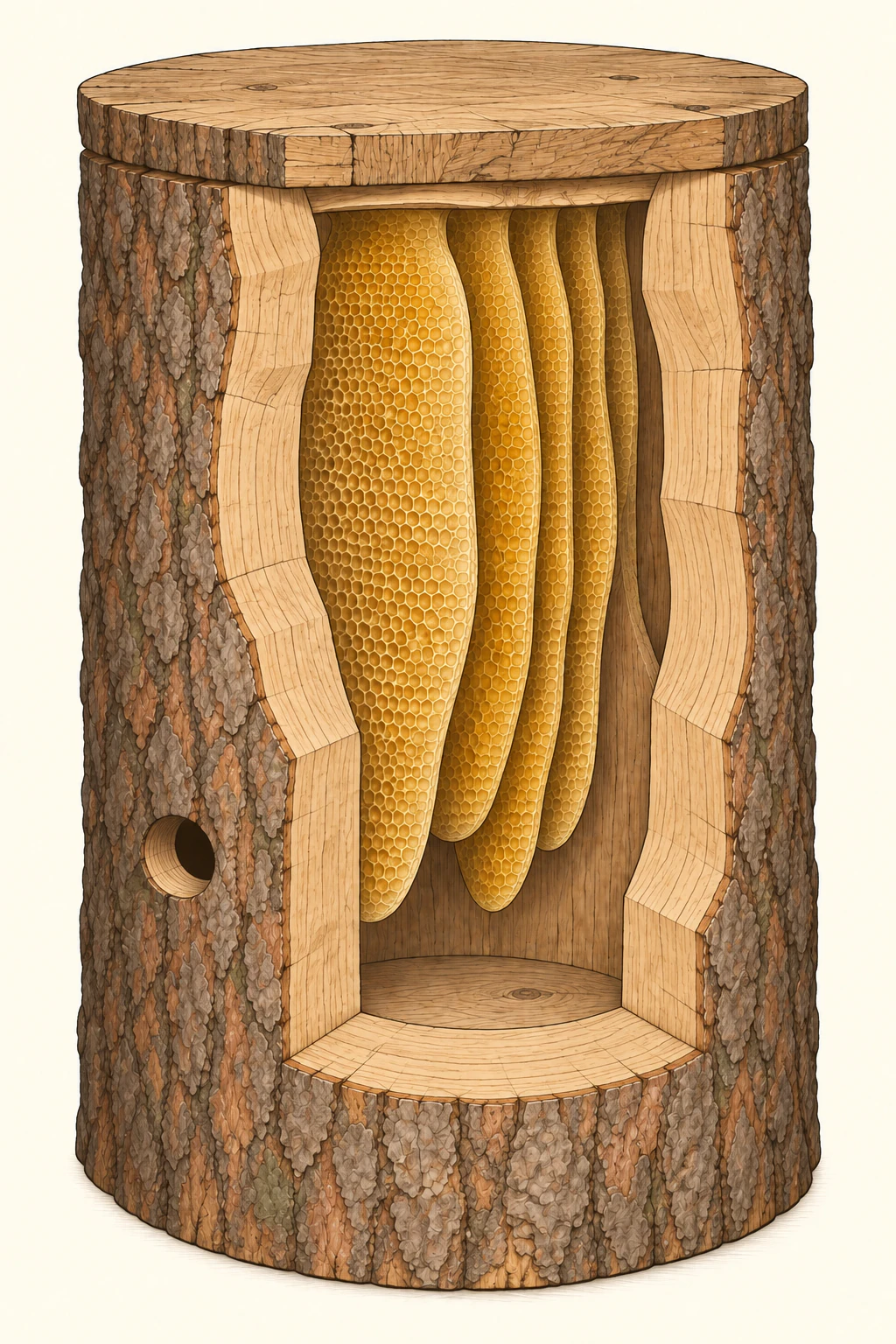 Stehende Klotzbeute im Schnitt: breite Schnittflächen zeigen die massive Holzwand um den Hohlraum mit senkrecht hängenden Naturwaben.