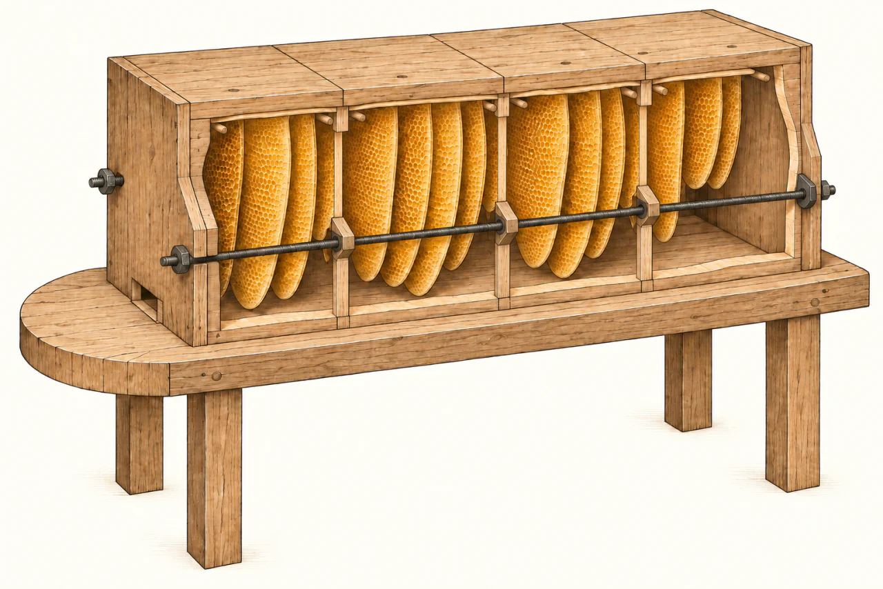 Schnitt durch vier seitlich verbundene Beutenabschnitte auf einem Tisch. Außenliegende Spannstangen halten die Abschnitte zusammen; innen hängen Naturwaben in einem durchgehenden Hohlraum.