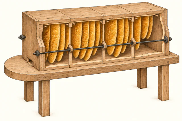 Schnitt durch vier seitlich verbundene Beutenabschnitte auf einem Tisch. Außenliegende Spannstangen halten die Abschnitte zusammen; innen hängen Naturwaben in einem durchgehenden Hohlraum.
