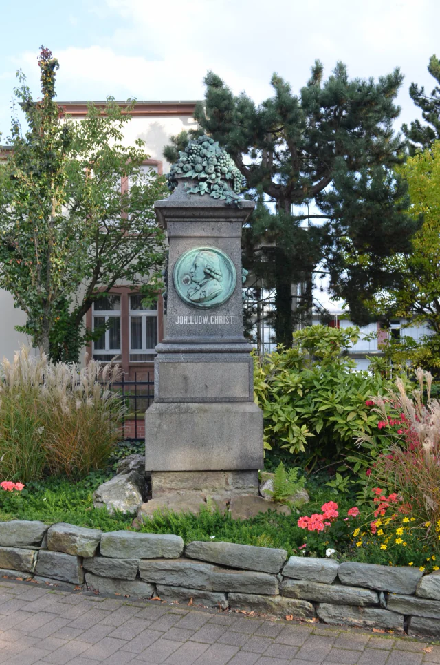 Das Kronberger Denkmal: ein Sockel aus Granit, darauf ein rundes Bronzemedaillon mit Christs Kopf im Profil, mit Perücke und Zopf, darunter in Versalien „JOH.