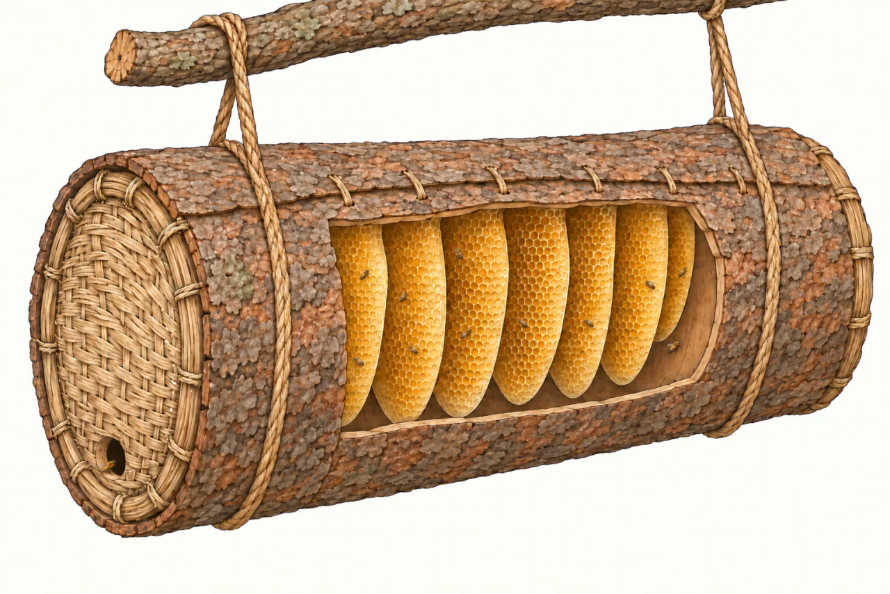 Aus einem gebundenen Rindenblatt geformter Zylinder, der an zwei Seilschlingen hängt. Ein Schnitt zeigt die dünne Rindenwand und hängende Naturwaben; im geflochtenen Endverschluss liegt das Flugloch.