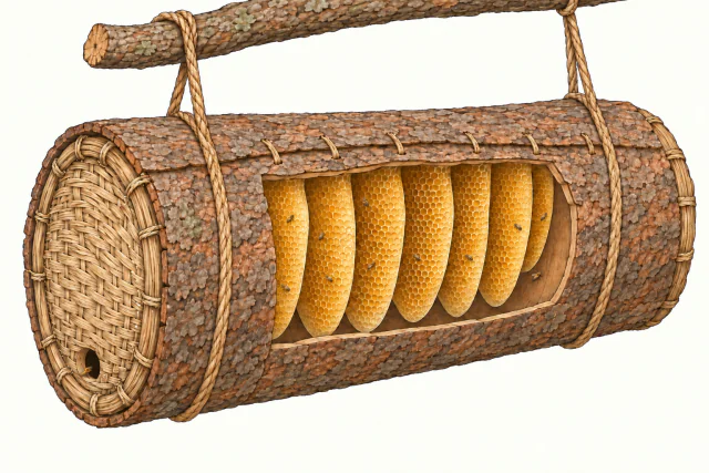 Aus einem gebundenen Rindenblatt geformter Zylinder, der an zwei Seilschlingen hängt. Ein Schnitt zeigt die dünne Rindenwand und hängende Naturwaben; im geflochtenen Endverschluss liegt das Flugloch.