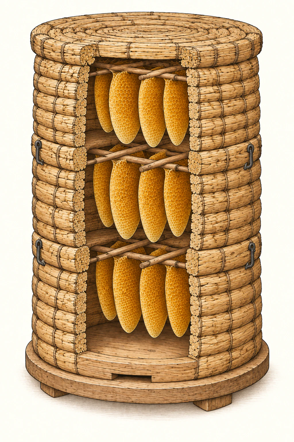 Schnitt durch einen Ringkorb mit drei übereinandergesetzten Strohringen und festgebauten Waben.
