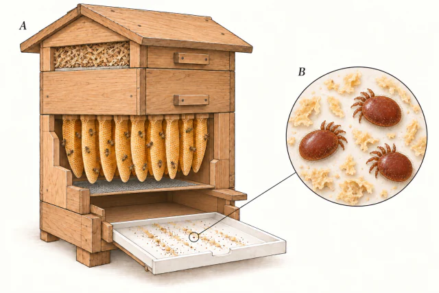 Unter den Waben liegt ein Gitter, darunter eine herausgezogene weiße Einlage mit Gemüll. Ein verbundenes Detailbild zeigt drei braune Varroamilben zwischen hellen Wachsresten.
