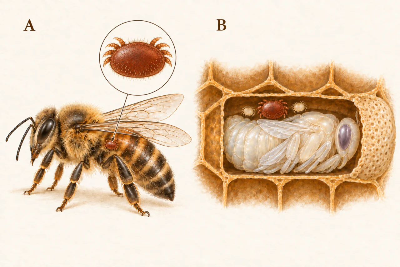 Links eine Arbeiterin mit einer kleinen Milbe am Hinterleib und einer separaten Vergrößerung. Rechts eine seitlich aufgeschnittene, weiterhin verdeckelte Brutzelle mit heller Bienenpuppe, einer braunen und zwei hellen Milben.