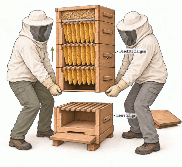 Zwei Imker heben drei bienenbesetzte Zargen samt Kissenkasten gemeinsam an. Darunter steht eine leere Zarge auf dem Bodenbrett. Ein Pfeil zeigt die Hubrichtung; die besetzten und die leere Zarge sind beschriftet.