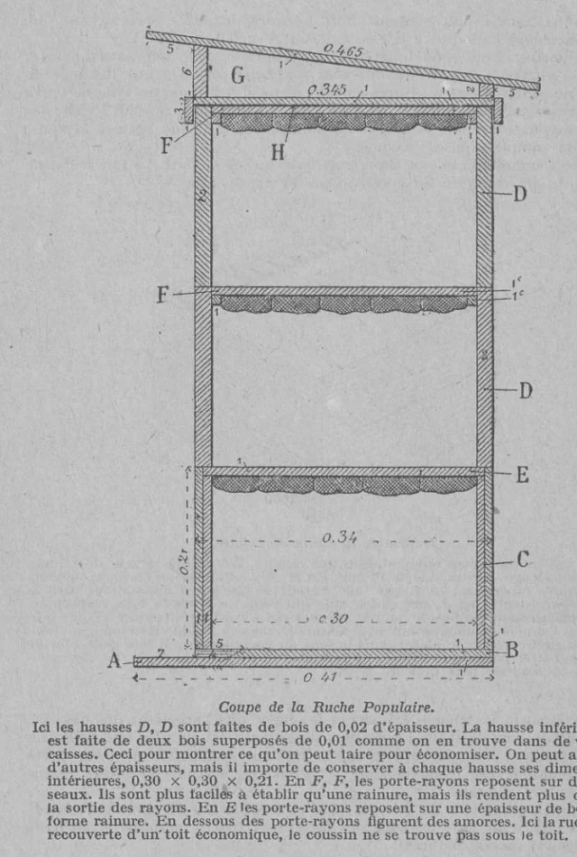 Der Senkrechtschnitt durch die ganze Ruche Populaire, das maßhaltigste Blatt des Bandes: drei Zargen übereinander (D, D, C), Wabenträger F, F und E mit den angeschmolzenen Anfangsstreifen, Kissen H, Dach G, Boden A–B.