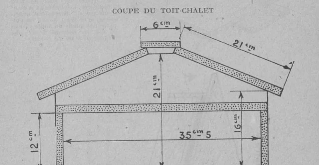 „COUPE DU TOIT-CHALET": der bemaßte Schnitt durch das Chalet-Dach, mit den handgesetzten Maßen 6 cm, 21 cm, 21 cm, 35 cm 5, 16 cm, 12 cm.