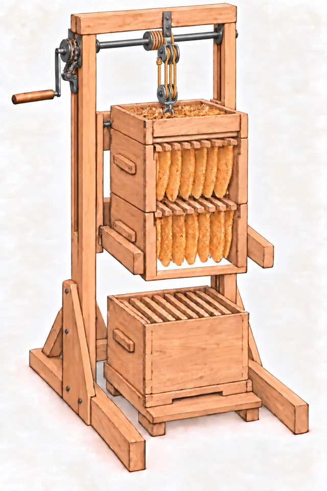 Hölzerner Beutenheber mit Kurbel, Seilzug und geführter Gabel. Zwei bienenbesetzte Warré-Zargen samt Kissenkasten sind über einer leeren Zarge angehoben; ein Schnitt zeigt die Waben.